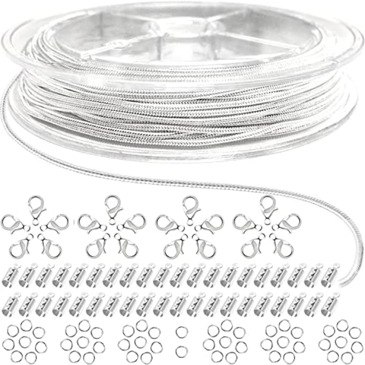 33 ft Silver Snake Chain 1.2mm Jewelry Making Chains for Necklace Bracelet DIY Jewelry Supplies Findings - Silver Plated Round Snake Cable Chain Link Roll w/Lobster Clasps, Cord Ends & Jump Rings